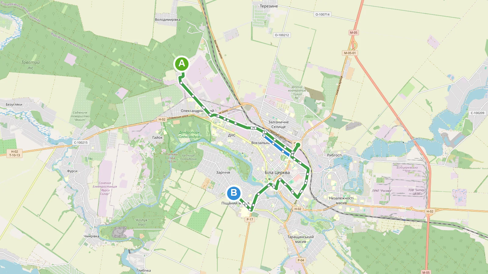 Маршрутка 16 Біла Церква — карта маршруту