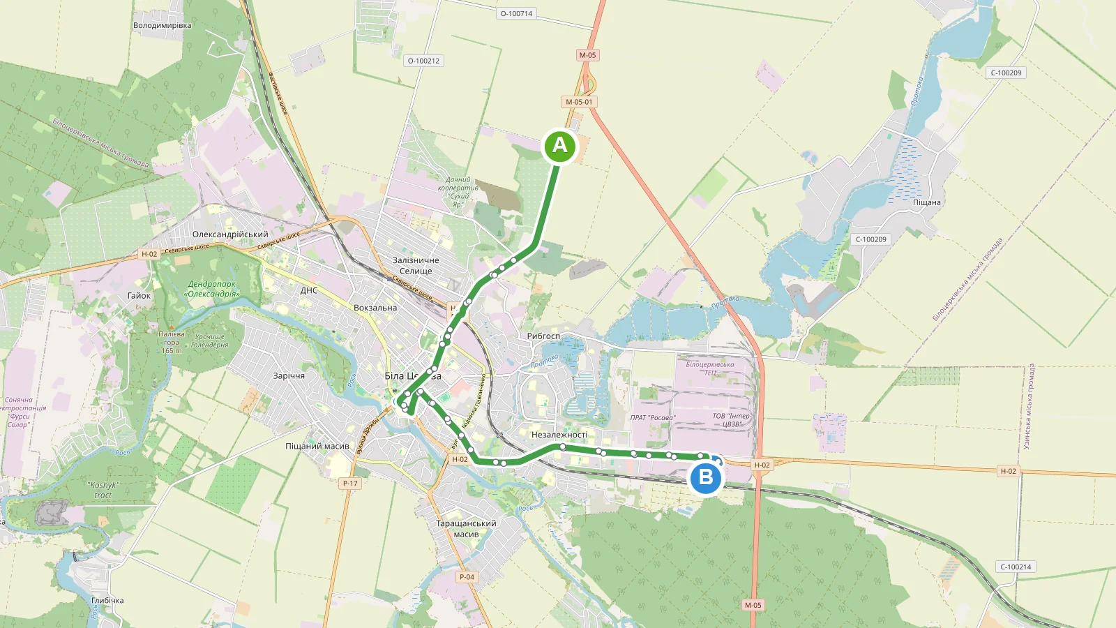 Маршрутка 19A Біла Церква — карта маршруту