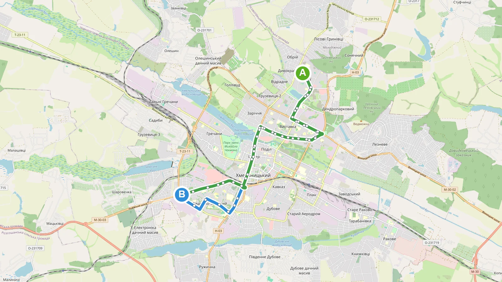 Схема маршруту Автобус 22 у Хмельницький