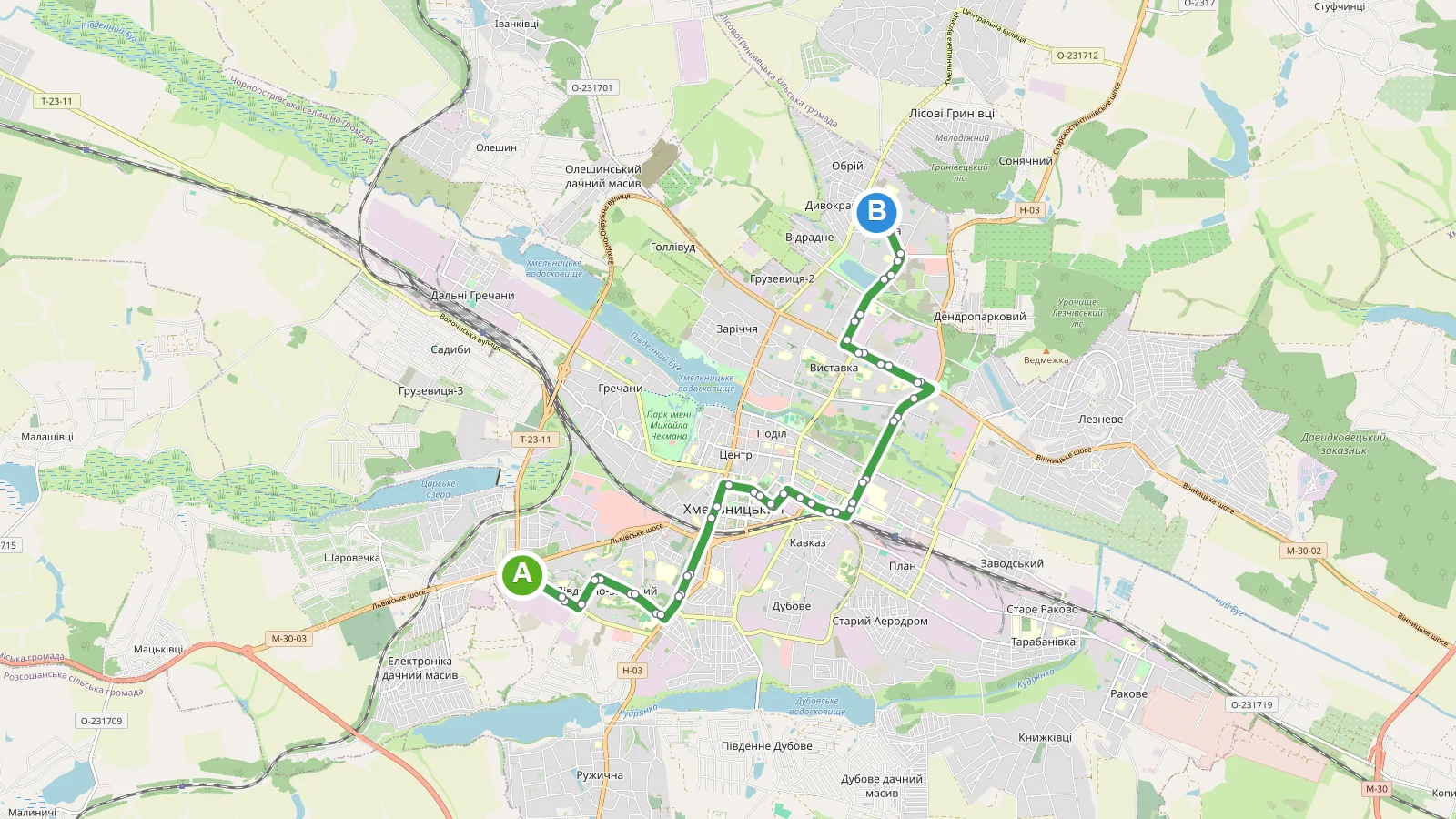 Схема маршруту Тролейбус 2A у Хмельницький