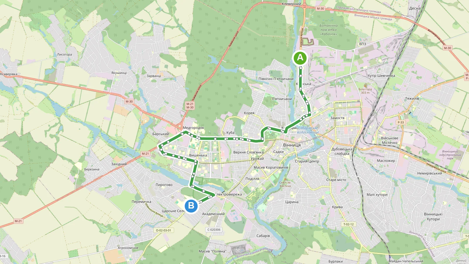 Автобус 16 Вінниця — карта маршруту